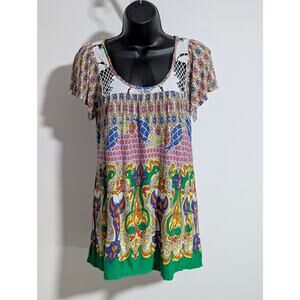 XXI Boho Multicolor Tunic Top Blouse Lace Yoke Short Sleeve Cap Sleeve Medium
